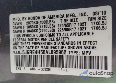 2010 Honda Cr-V Ex from USA, damaged, VIN 5J6RE4H50AL095962